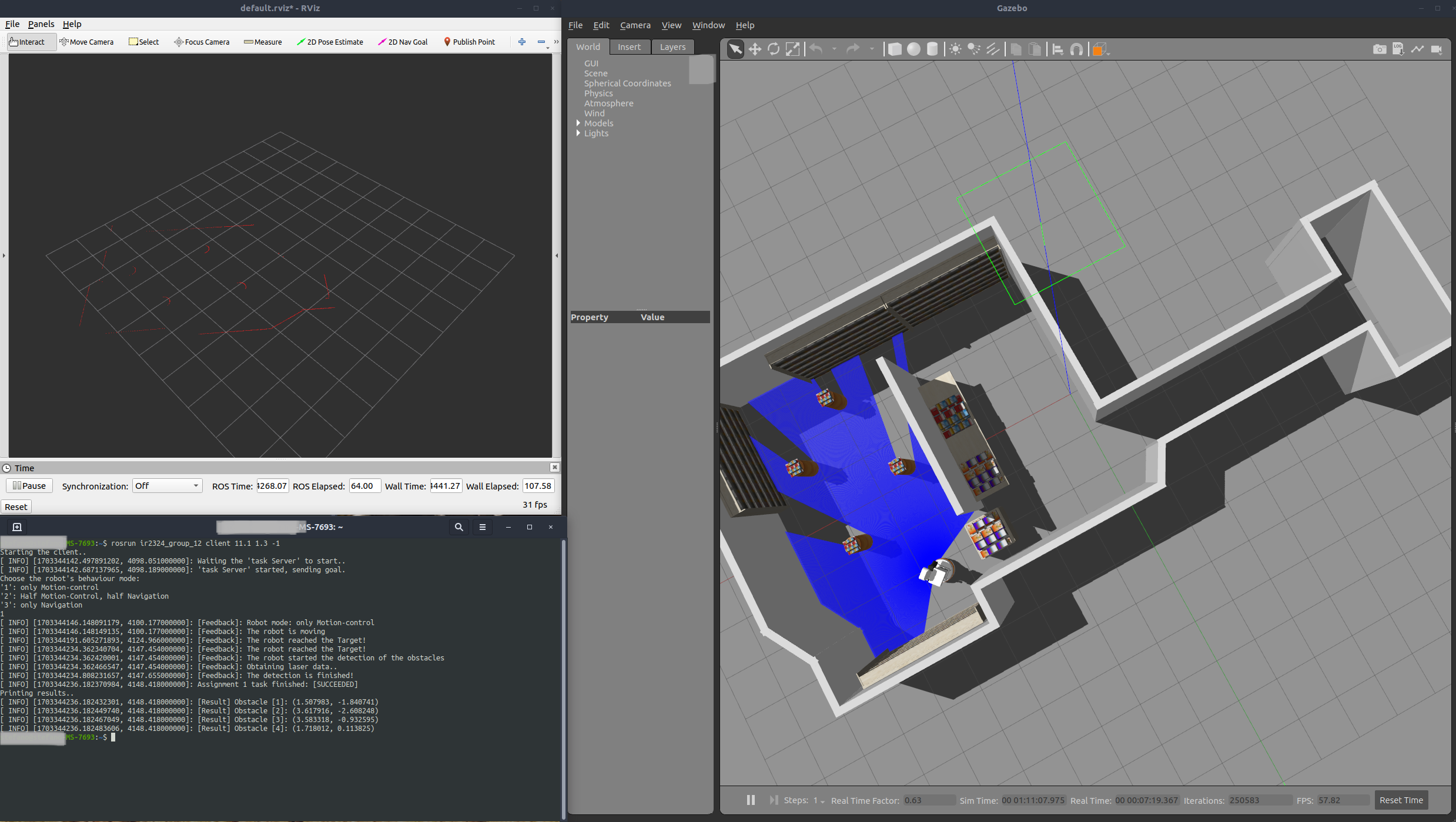 Results terminal + Simulation (Gazeboo) + LaserData (Rviz)